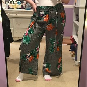 Black and white vertical striped and floral flowy palazzo pants